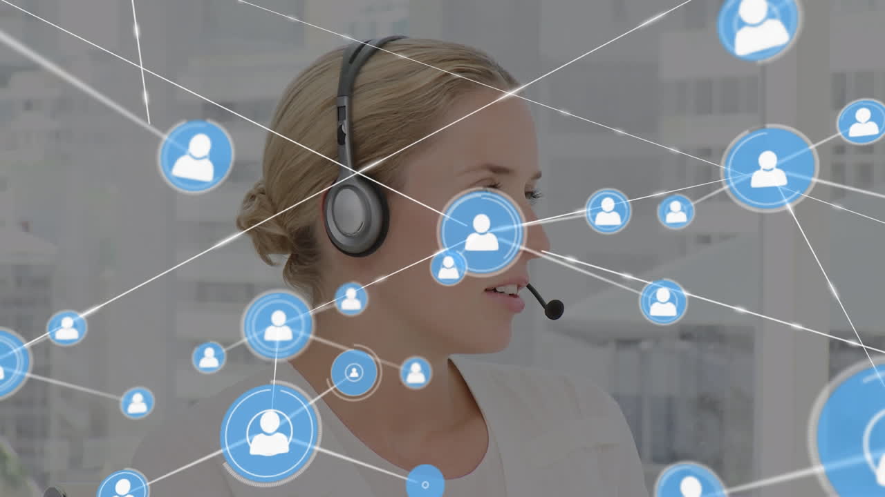 animación de una red de conexiones e iconos sobre una mujer de negocios con auriculares