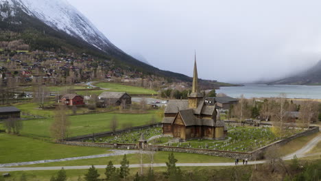 aerial view on lom stave church in lom municipality in innlandet county, norway - drone shot