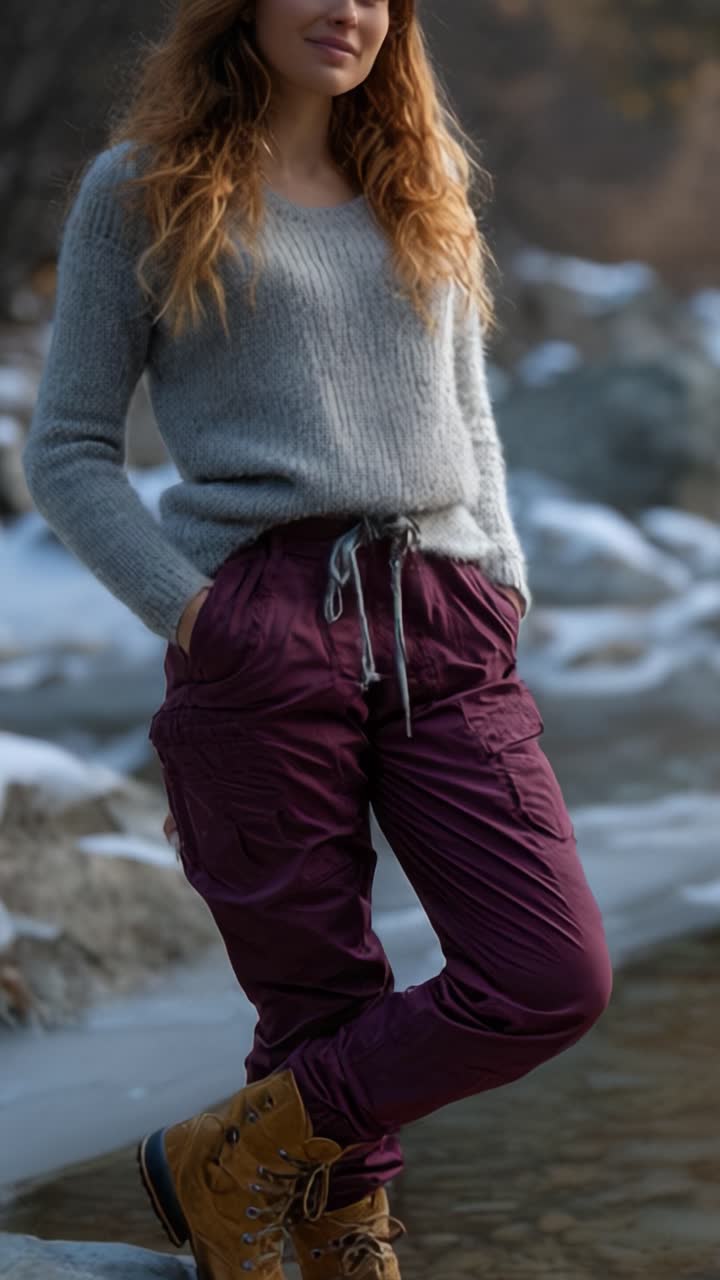 Una giovane donna posa con sicurezza vicino a un corso d'acqua sereno, vestita con un maglione accogliente e pantaloni outdoor eleganti, che mostra un equilibrio tra stile casual e avventuroso.