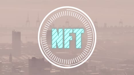 animation of nft text and data processing over cityscape