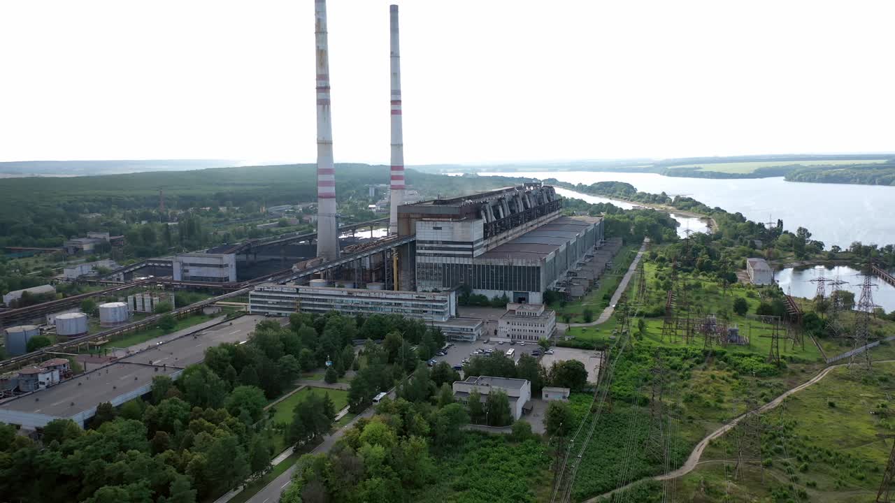 Aerial view of old factory. City with air atmosphere pollution from factory