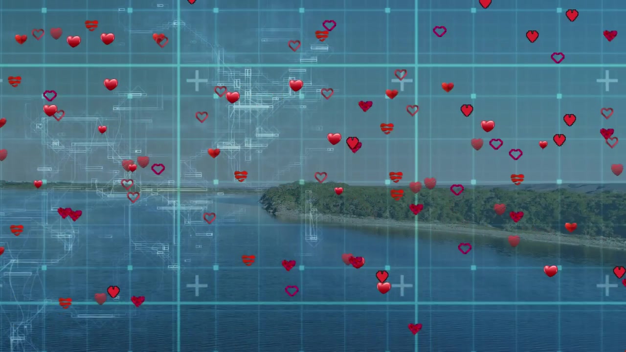 Digital Social Media Heart Icons Floating Over Scenic River Landscape