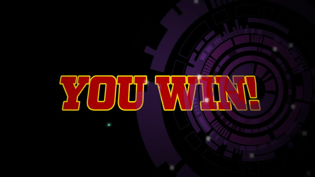 Bold red YOU WIN text glowing over futuristic purple HUD with glowing particles, showing interface