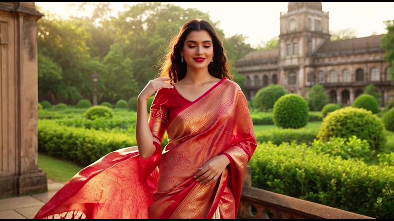 Donna elegante in sari rosso tradizionale in piedi in un giardino