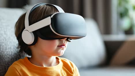 a young boy wearing a virtual reality headset sitting on a couch