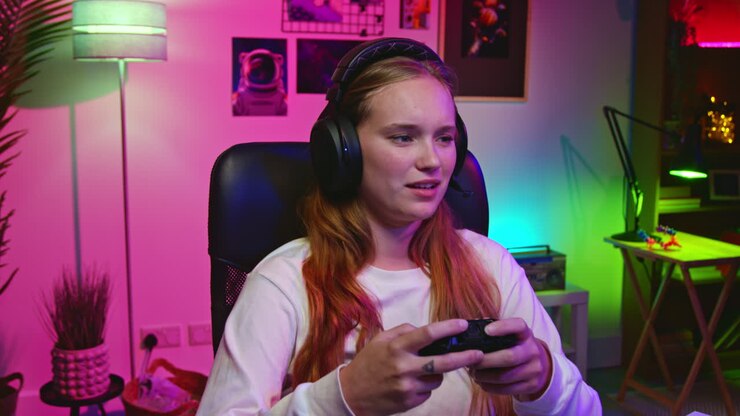 Giovane donna che gioca ai videogiochi con una cuffia da gaming