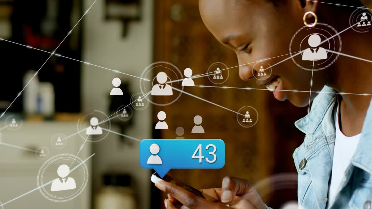 Woman tapping phone after blue bubble appearing, smiling as user icons growing over home for social