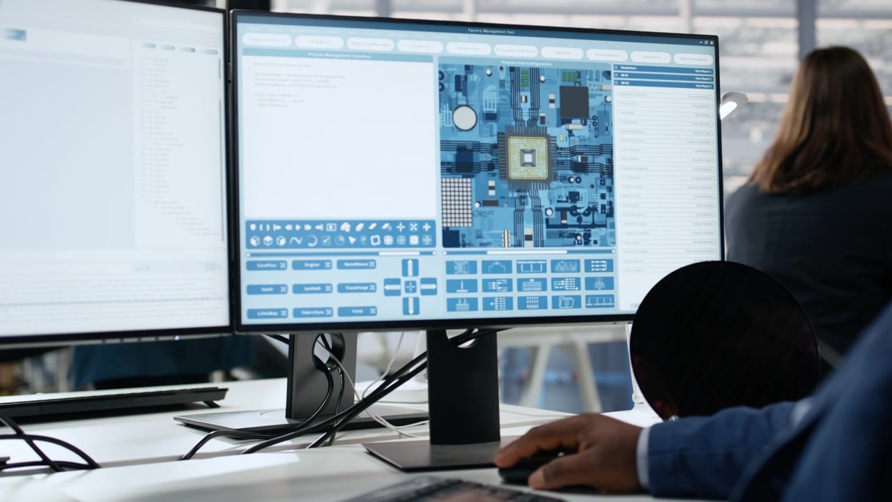 Afroamerikansk mann utvikler mikrochipdesign på datamaskin på kontor