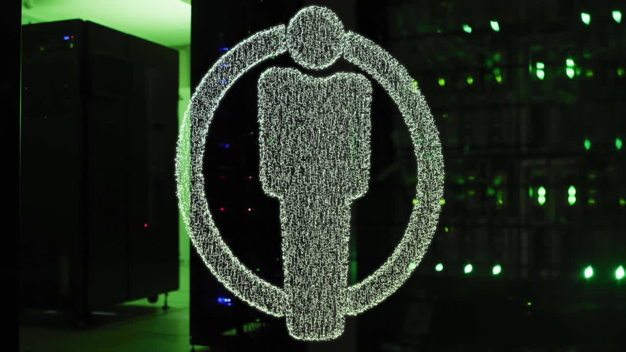 figura humana digital dentro del círculo animación sobre los servidores del centro de datos