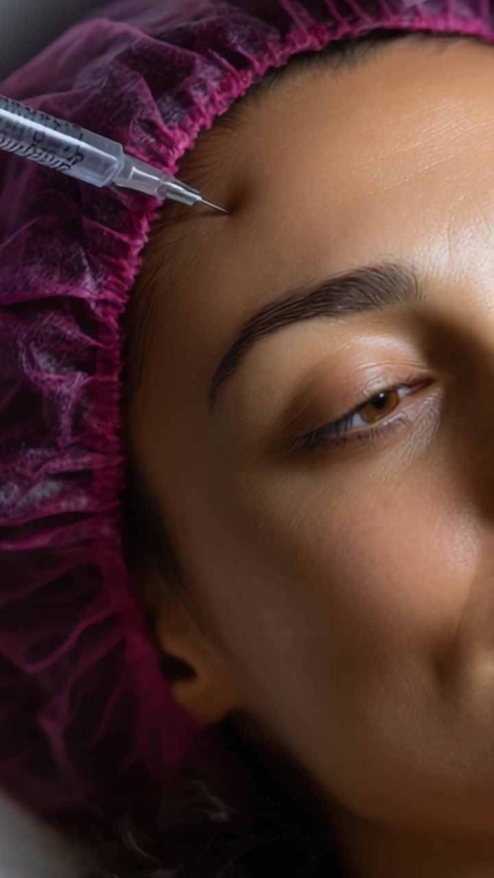 Un primo piano di una donna che riceve un trattamento cosmetico, che mostra il processo di iniezione di un siero nella sua fronte per un miglioramento estetico.
