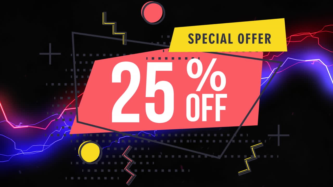 Animazione del testo 'Offerta speciale 25% di sconto' su correnti elettriche rosa e blu su sfondo nero.