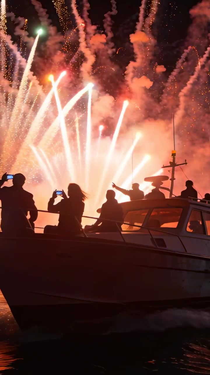 Vertical video: Leaning yacht group in coats at sea raising phones seeking view recording fireworks