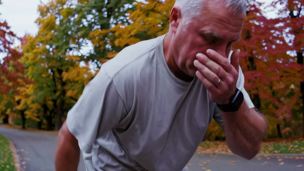 Older man jogging in autumn park