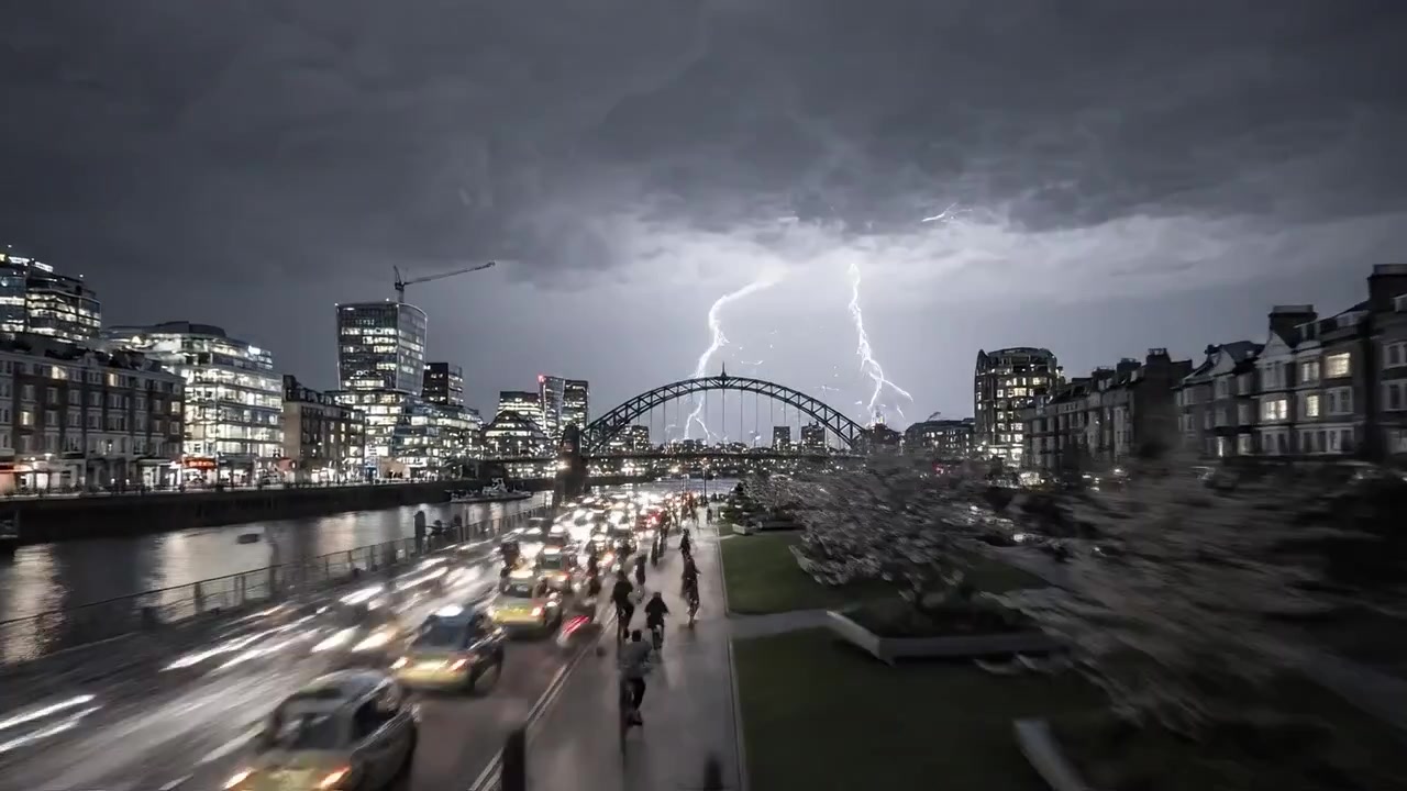 Dramatic Lightning Strikes Over Urban Landscape: A Night Scene Showcasing Vibrant City Lights, Stormy Skies, and Active Streets with People and Traffic Flowing