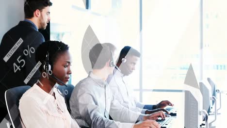 animation of statistics and data processing over business people wearing phone headsets