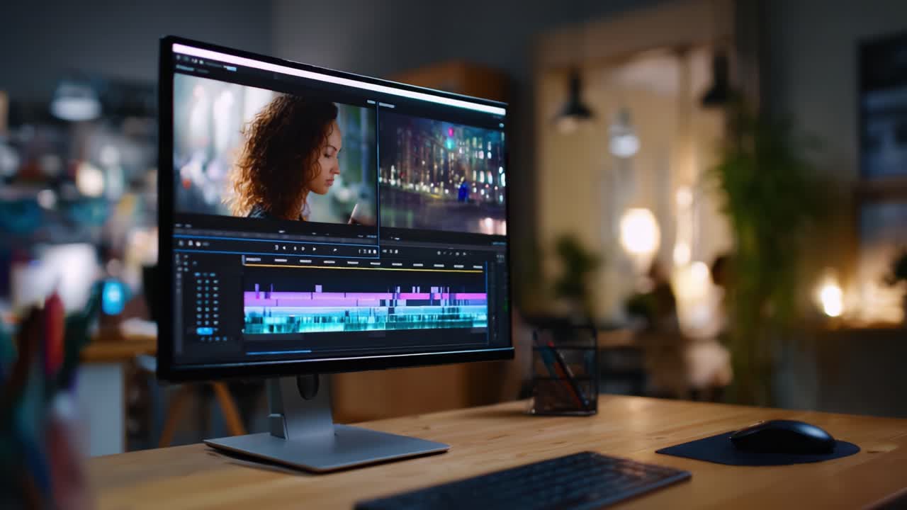 Accattivante processo di editing video: editor concentrato che lavora a un progetto creativo in un ambiente di studio moderno con visualizzazione dell'interfaccia di software avanzato