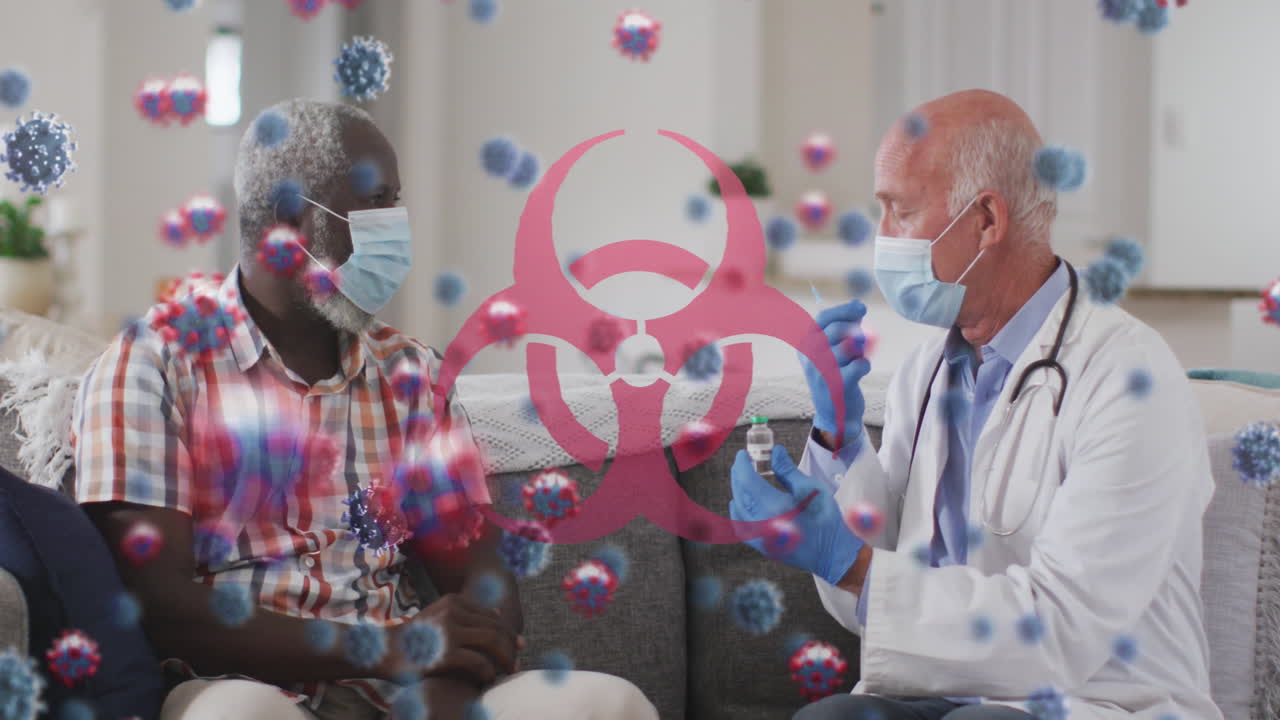 코로나19 세포의 애니메이션과 여성에게 백신을 접종하는 남성 의사와 함께 생물 위험 상징