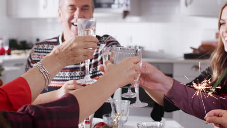 familia de varias generaciones sentada en la mesa haciendo un brindis antes de comer la comida de navidad en casa juntos