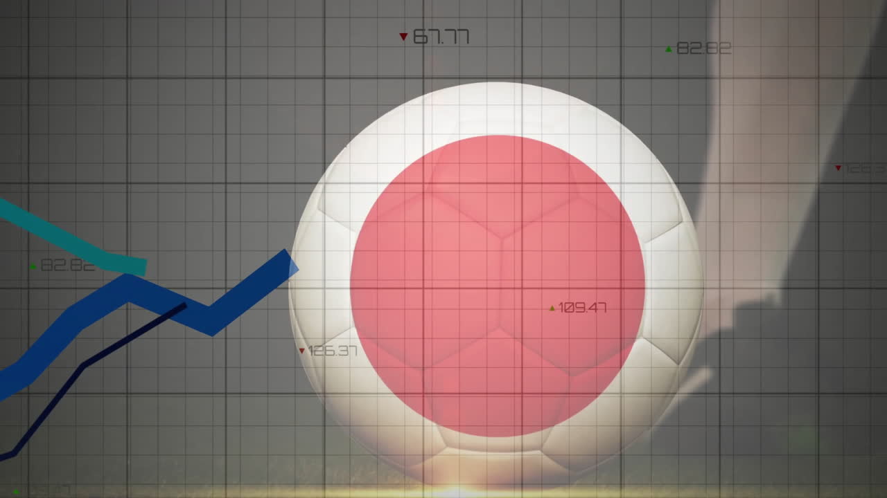 Animation showing soccer ball with red circle and rising blue arrow graph