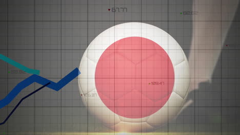animation showing soccer ball with red circle and rising blue arrow graph