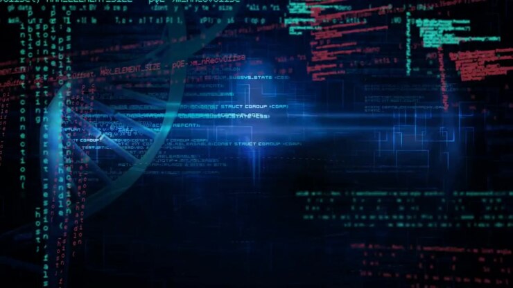Animation of dna over data processing on black background