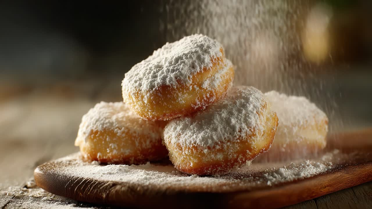 Donas deliciosamente esponjosas cubiertas con azúcar glas apiladas en una tabla de madera, capturadas con un detalle impresionante, mostrando su dulzura y textura irresistibles.