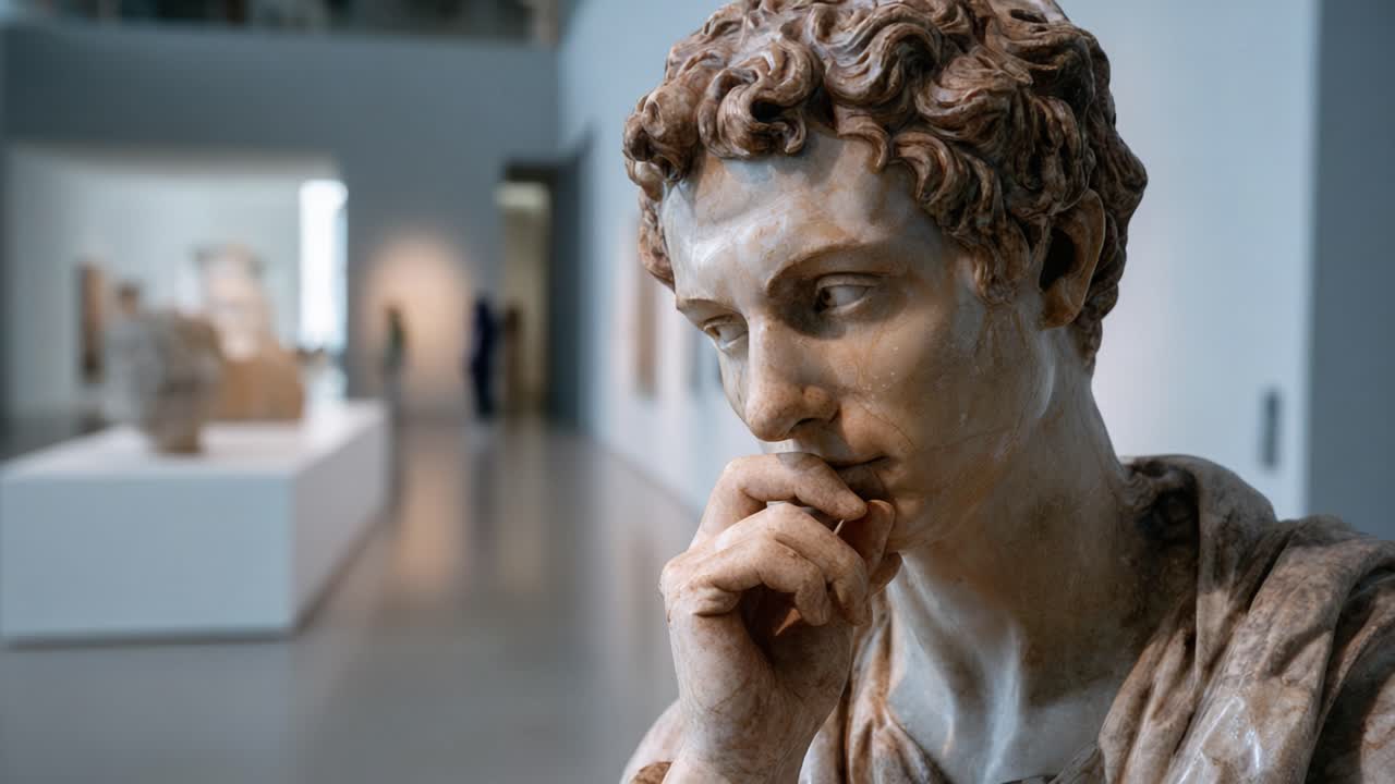 Primo piano di una scultura pensosa che evidenzia emozioni e dettagli in un contesto di galleria moderna con altre opere d'arte sullo sfondo.