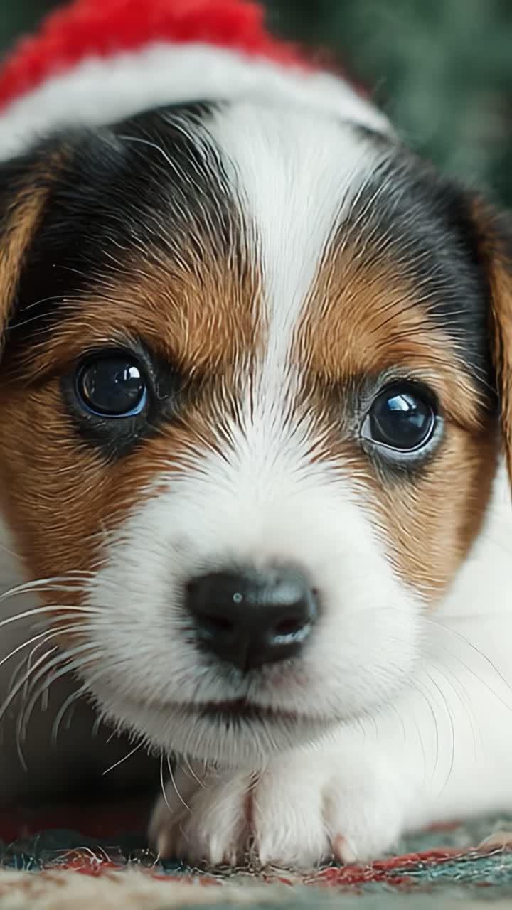 A Festive Puppy with a Santa Hat: Adorable Close-Up of a Playful Dog Bringing Holiday Cheer and Joy in a Seasonal Setting