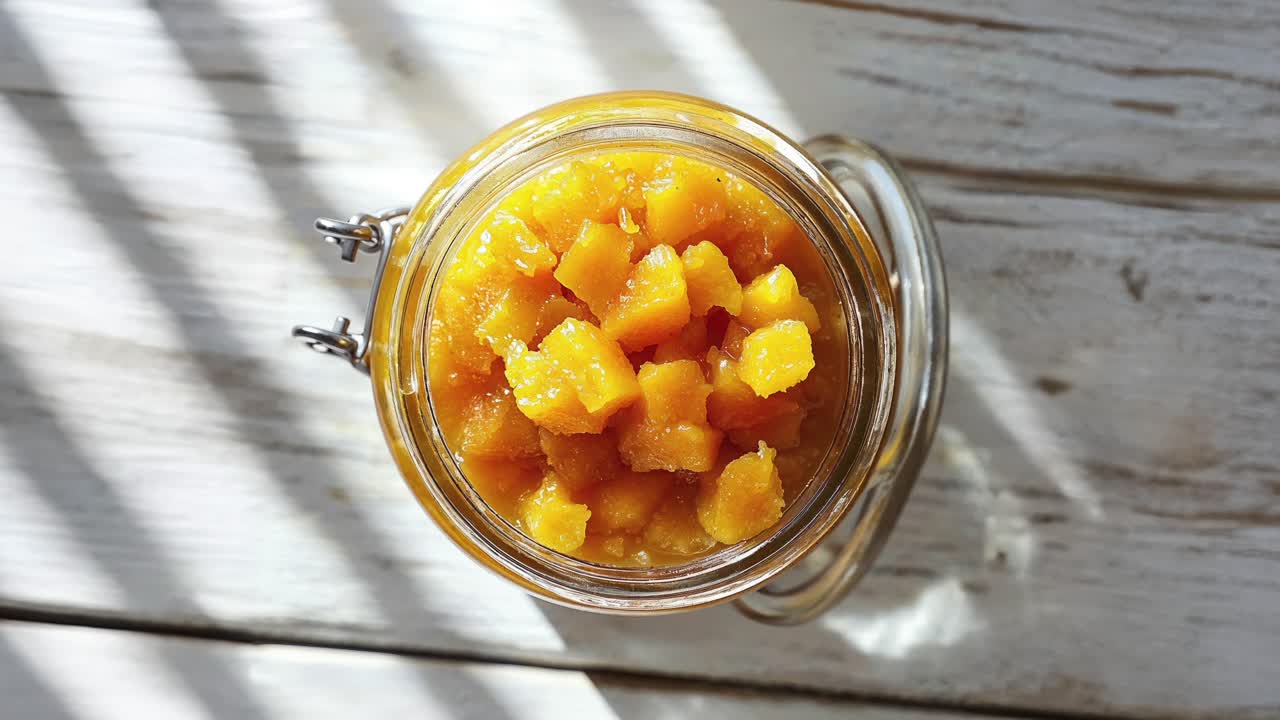 vista superior de un sabor de calabaza casera en un frasco de vidrio