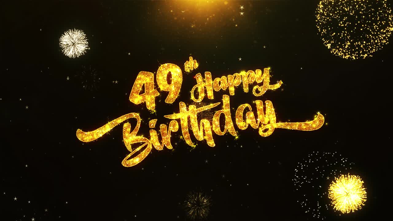 Tarjeta de felicitación con texto de 49 cumpleaños feliz y buenos deseos hecha con partículas brillantes de fuegos artificiales dorados
