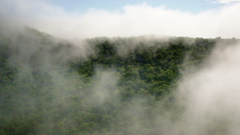 Drone flies through mist hanging low on Smoky Mountain ridges
