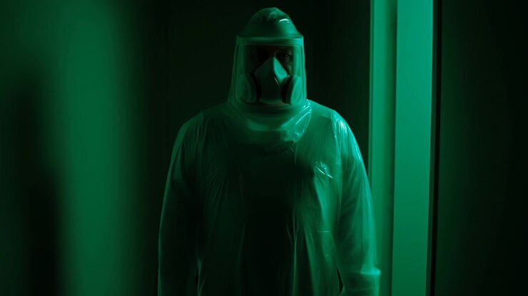 Operatore hazmat mascherato in corridoio verde, tecnico non identificato che indossa equipaggiamento protettivo completo, respiratore