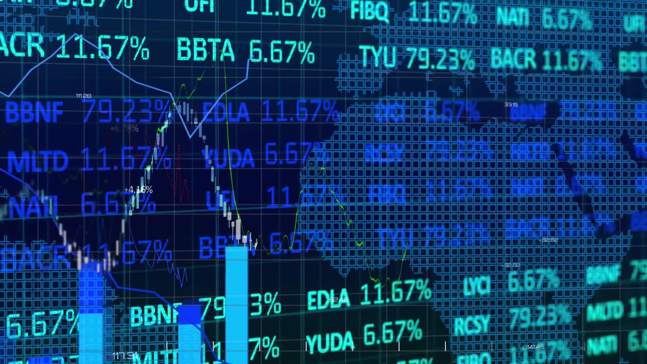 Animation of statistical and stock market data processing over world map against blue background