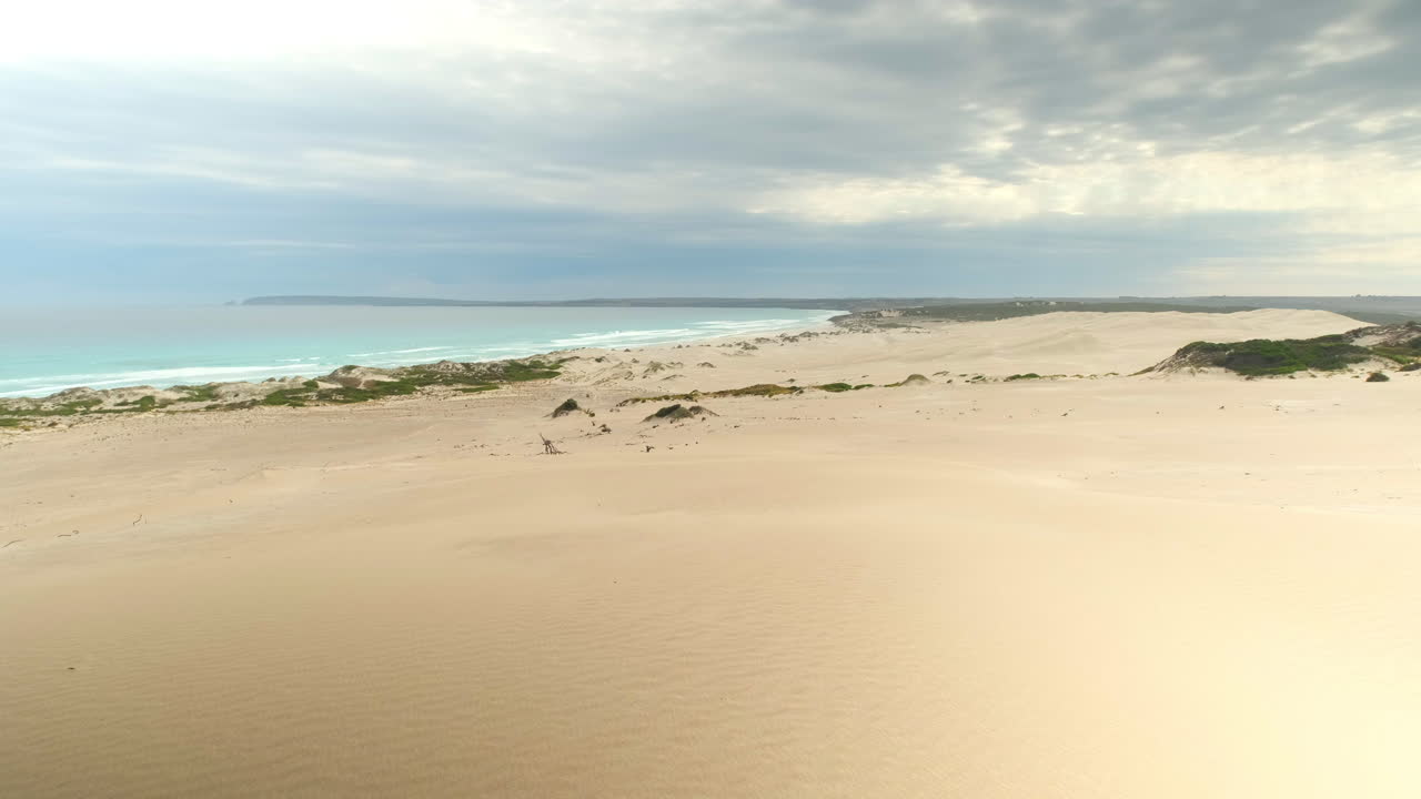 캠퍼 내부에서 외부로 돌리 카메라 뷰는 황량한 해변을 나타냅니다.
