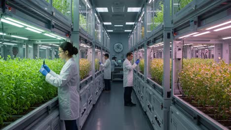 advanced hydroponic research facility: scientists cultivating and monitoring crops in a high-tech environment with led lighting and controlled growth conditions
