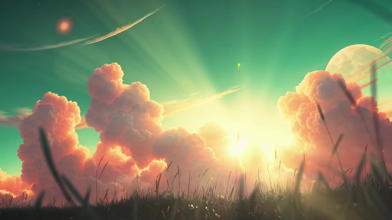 Magical Fantasy Sky with Glowing Sun, Clouds, and Distant Planet