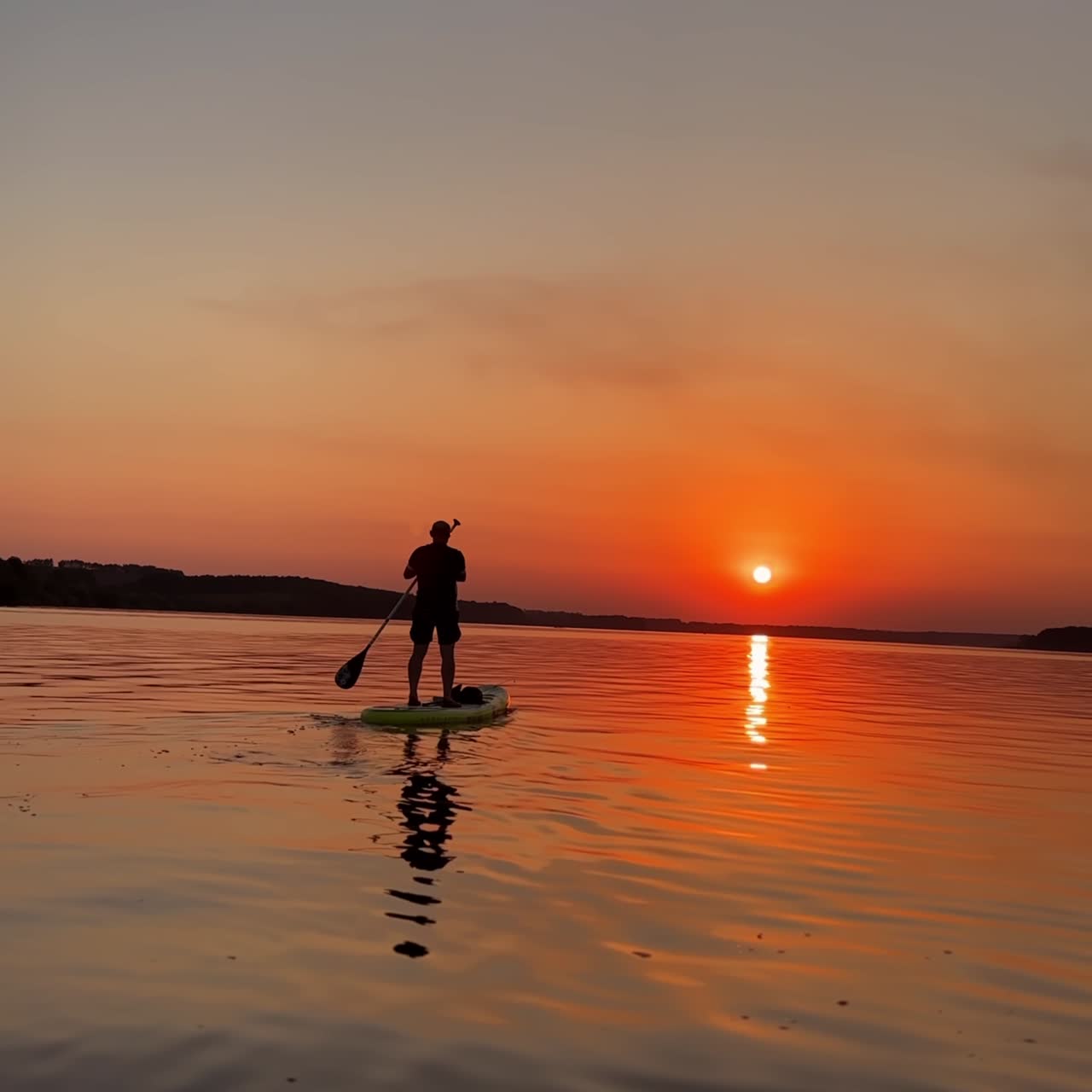 Uomo visto da dietro che si muove su una tavola SUP vicino al fiume. Splendido tramonto arancione sull'acqua sullo sfondo. Video verticale