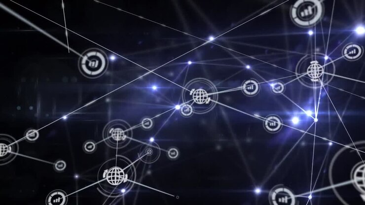 Animation of network of information and global sharing icons transferring data over glowing lights