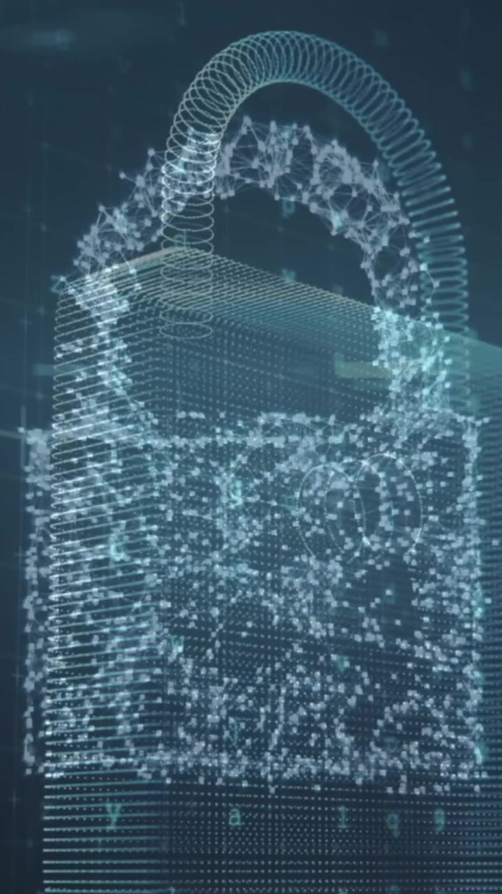 Animation of digital padlock over data processing on black background