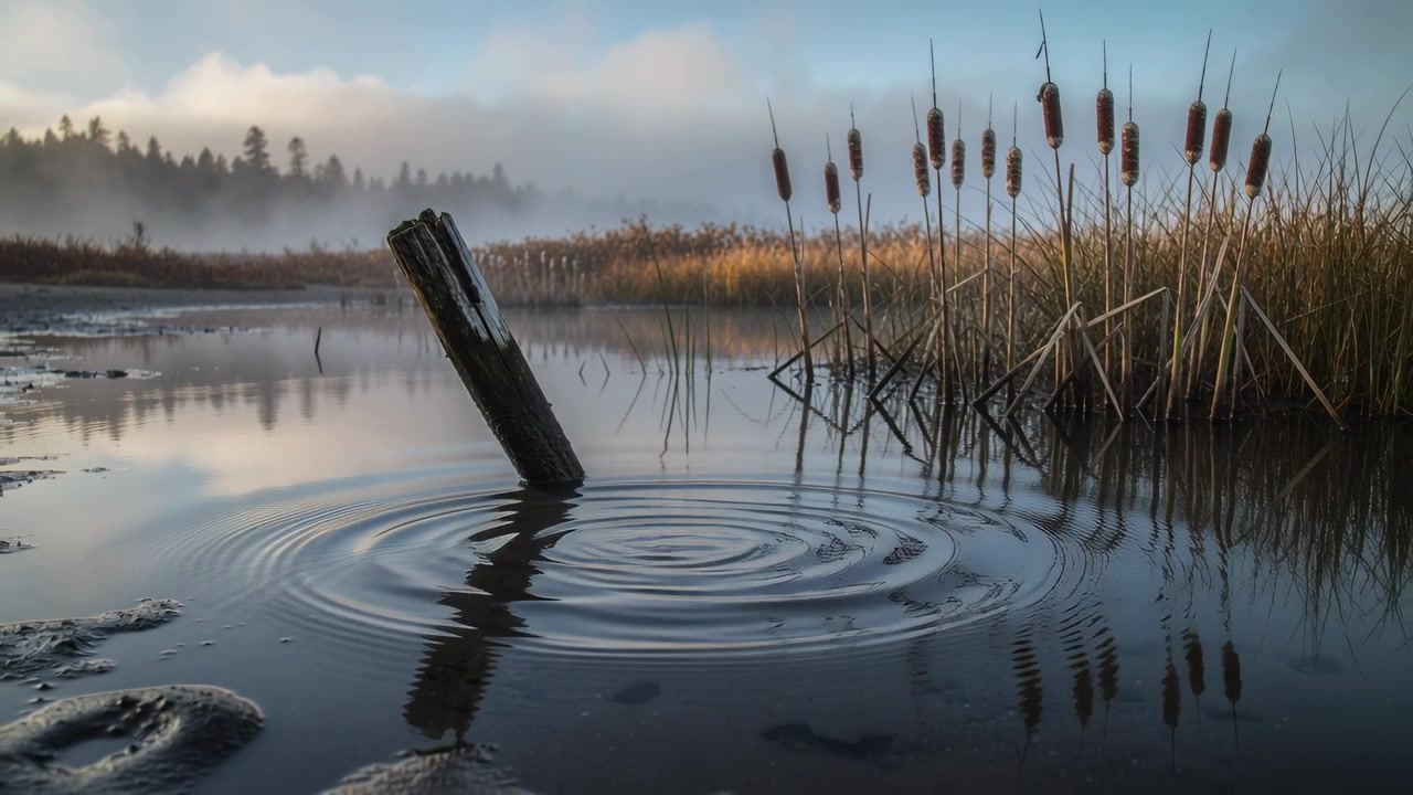 Sending tiny splash near leaning post, concentric ripples expanding to cattails, warping reflection