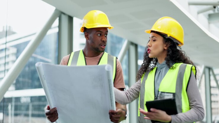 Engineering, teamwork and blueprint with people