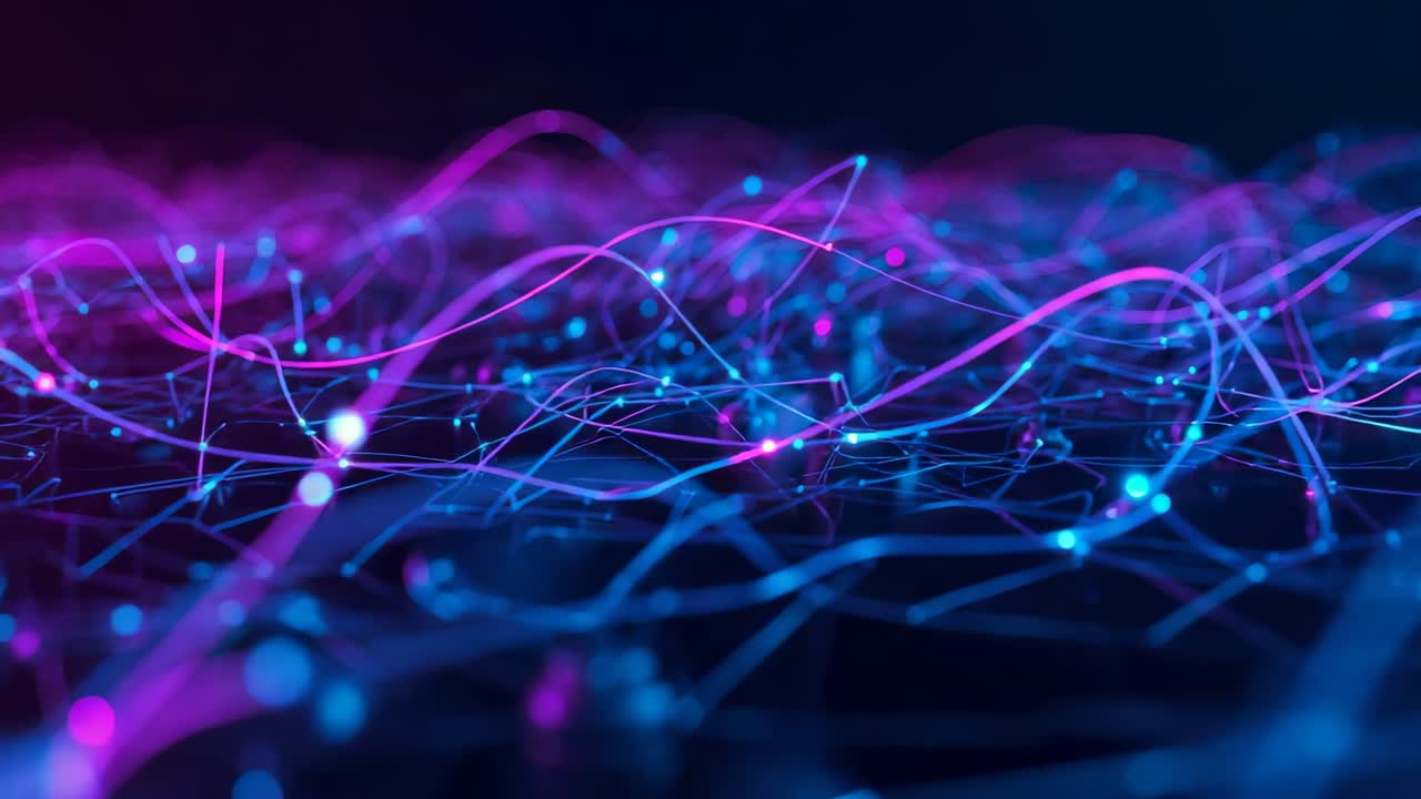 Opening on dark void, glowing strands and nodes pulsing waves in digital grid, showing connectivity