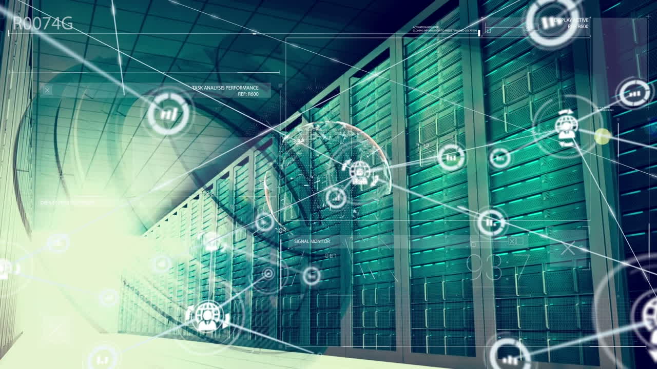 Animation of data processing and globe over server room