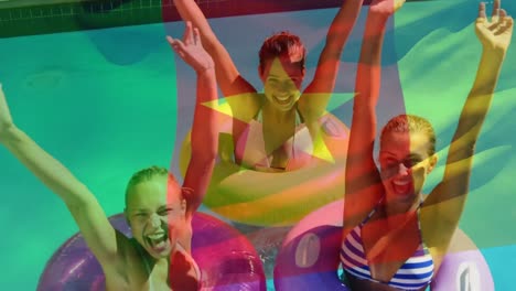 Animation-of-flag-of-senegal-over-happy-caucasian-mother-and-children-having-fun-at-swimming-pool