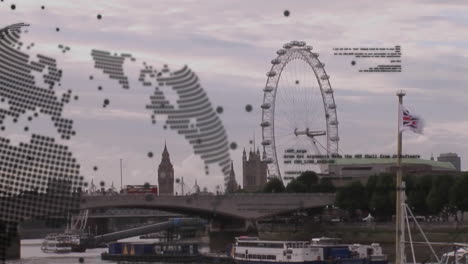world map animation over london skyline with ferris wheel and river