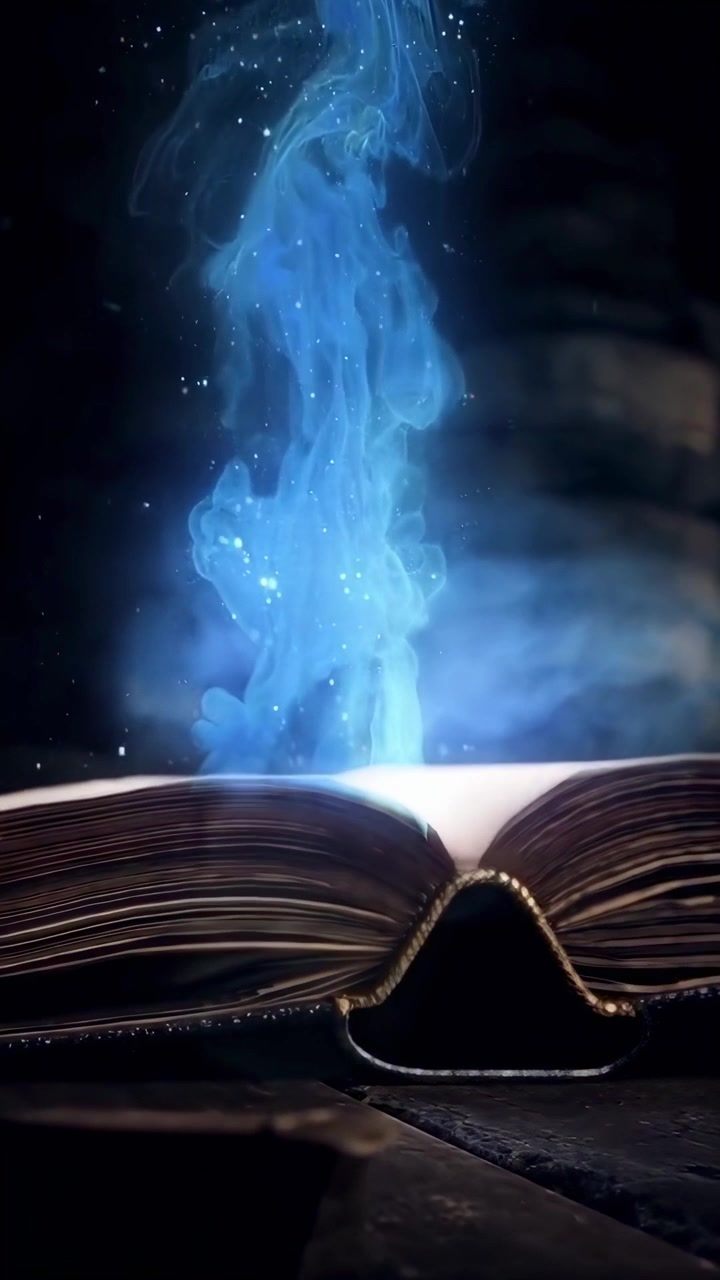 Open Antique Book With Magical Blue Glowing Smoke