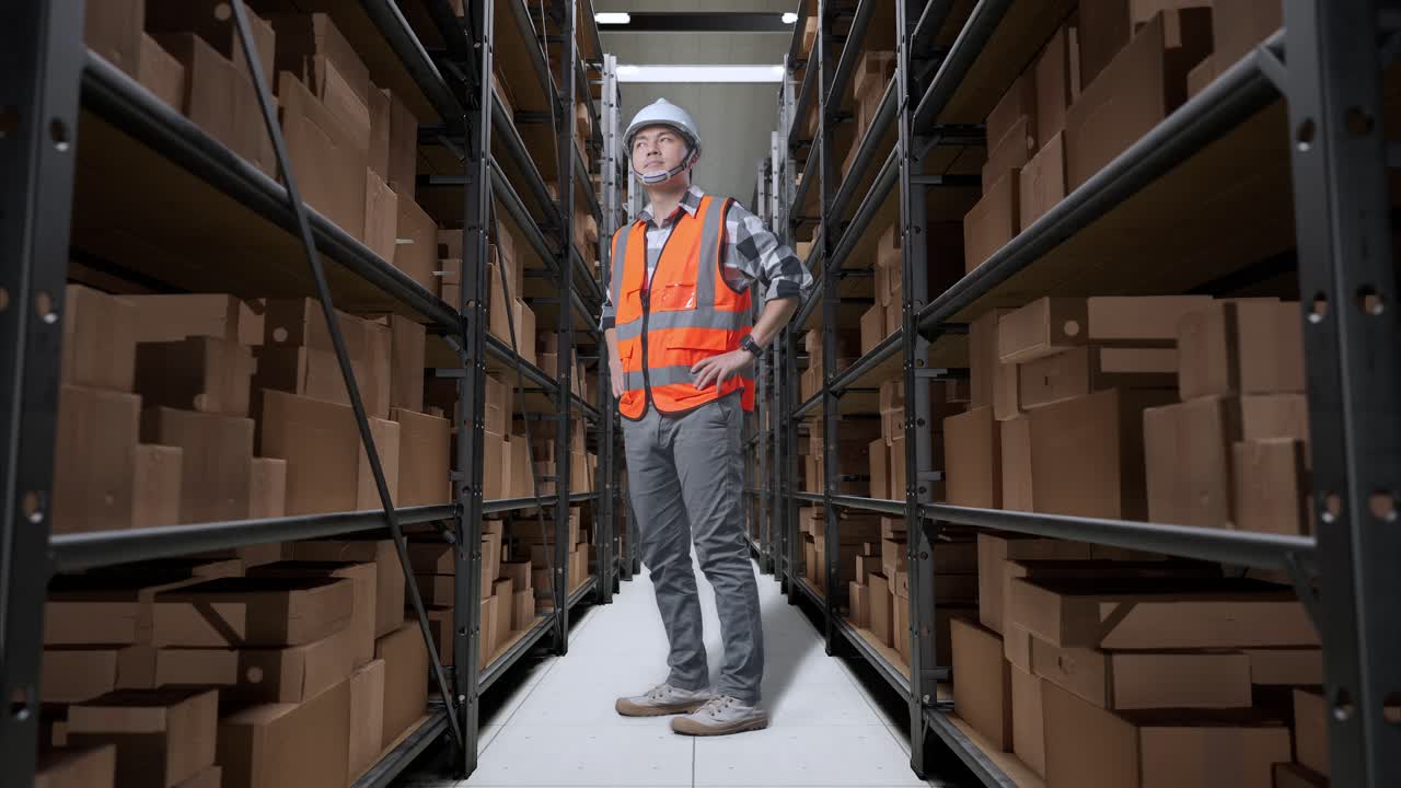 vista lateral completa del cuerpo de un ingeniero masculino asiático con casco de seguridad en el almacén con estantes llenos de mercancías de entrega. de pie con los brazos akimbo mirando a su alrededor, comprobando el stock en los estantes
