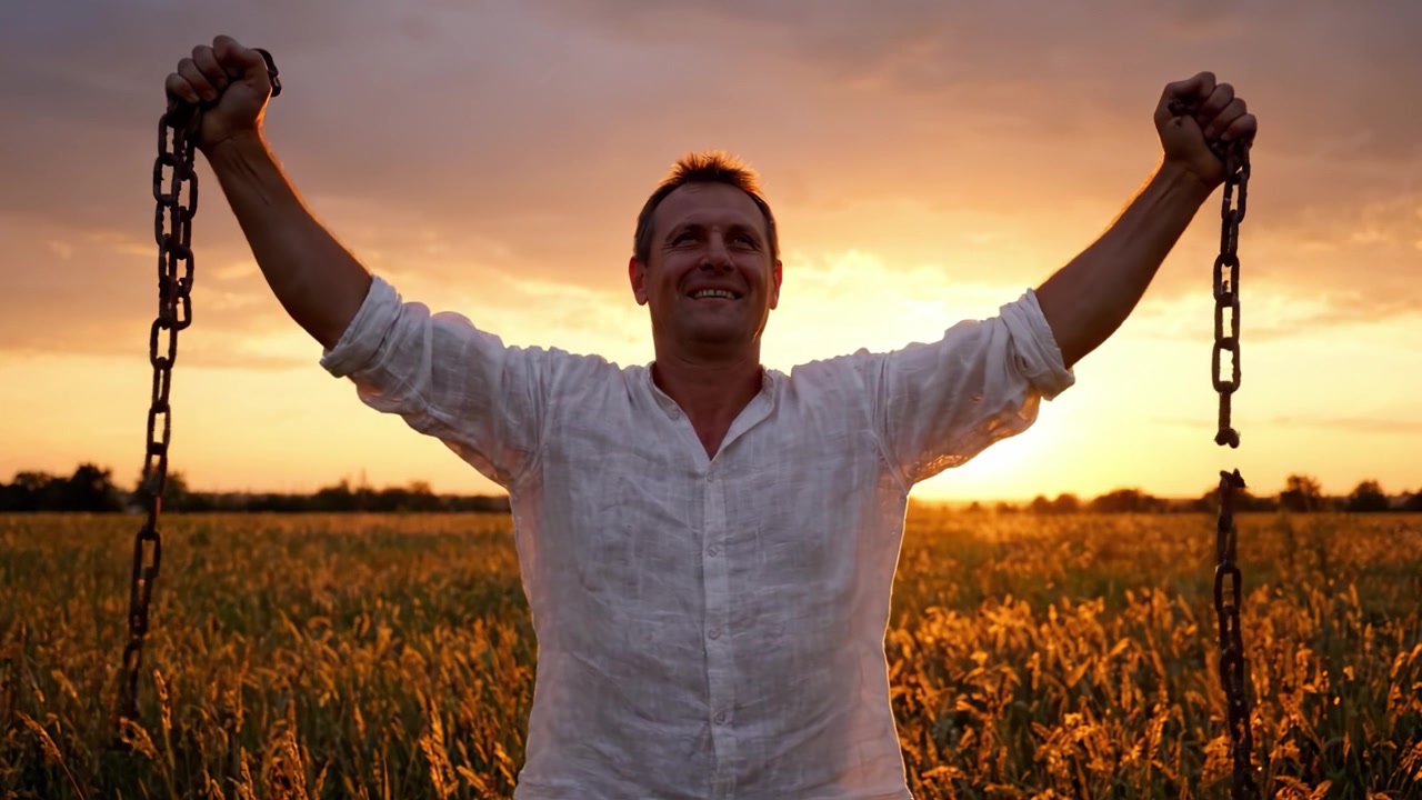 Um Fazendeiro Pensativo Segurando Correntes Contra um Pôr do Sol Deslumbrante em um Campo Dourado, Simbolizando Liberdade e Trabalho em Meio à Beleza da Natureza