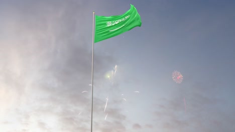 bandera de arabia saudí con fuegos artificiales en el fondo