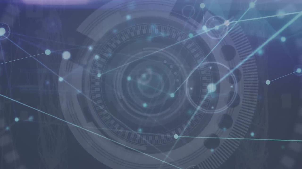 animación de puntos iluminados conectados y pantallas de radar sobre un fondo abstracto